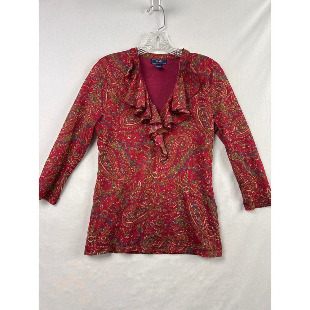 Chaps Denim Paisley Ruffle V-Neck Top Womens Medium Red 3/4 Sleeve Knit Blouse